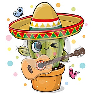 Cartoon cactus wearing a sombrero with a guitar photo