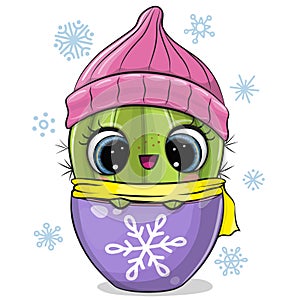 Cartoon Cactus with winter hat and scarf isolated on a white background