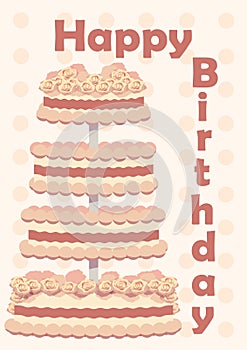 Cartoon cake. Birthday greeting card. Holiday anniversary celebration. Tiered dessert with cream roses. Sugar
