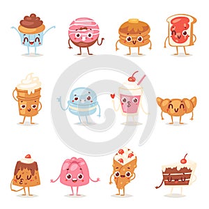 Cartoon cake character vector chocolate sweets confectionery cupcake emotion and sweet confection dessert with caked