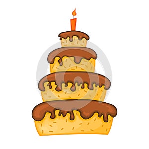 Cartoon cake illustration with candle. Happy birhday.