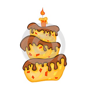 Cartoon cake illustration with candle. Happy birhday.