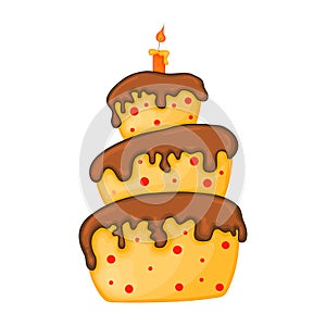 Cartoon cake illustration with candle. Happy birhday.