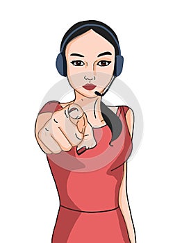 Cartoon callcenter woman characters pointing to you