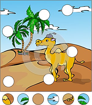 Cartoon camel in the desert. complete the puzzle and find the mi