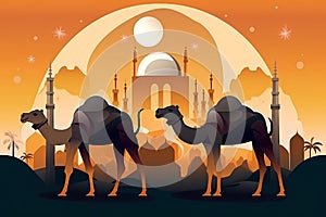 A cartoon of camels with a mosque in the background. AI generation photo