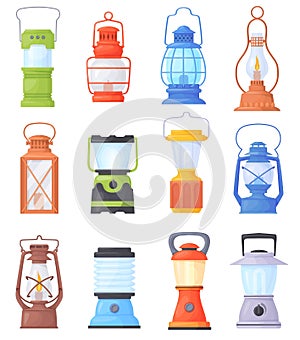 Cartoon camp lanterns. Garden lantern candles, kerosene lamp for camping travelling, vintage old lamps on gas or oil