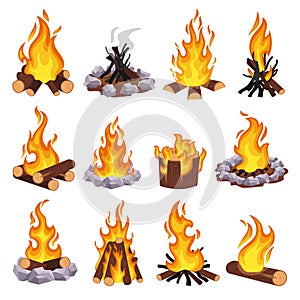 Cartoon campfire. Wood bonfire, burning log and fieldstone fire pit. Stacking firewood types and extinguished fire