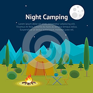 Cartoon Camping Night View Card Poster. Vector