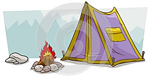 Cartoon camping tent and campfire against mountain