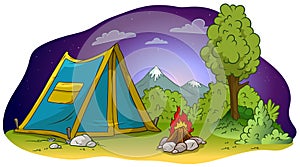 Cartoon camping tent and campfire on grass lawn