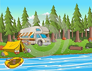 Cartoon camping tent by the river.