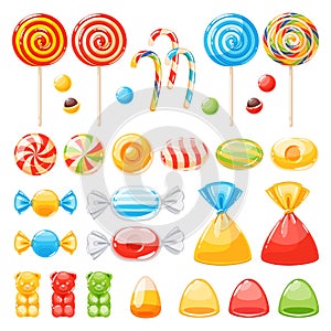 Cartoon candies. Multi colored different types caramel, in wrappers and on sticks, marmalade bear and lollipop, sweet