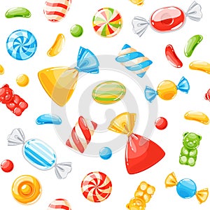 Cartoon candies seamless pattern. Lollipops, caramel and jelly bears, colored sugar products, different types sweets