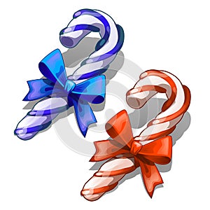 Cartoon Candy Cane With Decorative Red And Blue Ribbon Bow Isolated On White Background. Classic Christmas Decorations