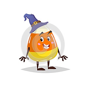 Cartoon candy corn costumed character. Mascot in witch hat. Halloween humanized sweet symbol for party poster and decoration.