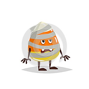 Cartoon candy corn costumed character. Mummy zombie costume. Halloween humanized sweet symbol for party poster and decoration. photo