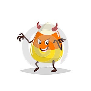 Cartoon candy corn devil costumed character. Halloween humanized sweet symbol for party poster and decoration.