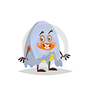 Cartoon candy corn ghost costumed character.