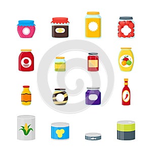 Cartoon Canned and Jar Food Color Icons Set. Vector