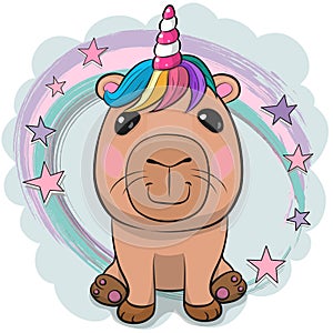 Cartoon Capybara with Unicorn horn isolated on a white background