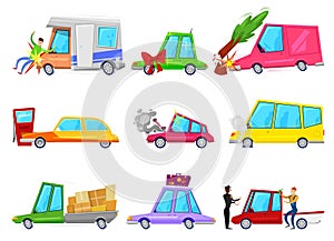 Cartoon car accident comic minicar and broken vehicle after automobile accident with pedestrian character and minivan or