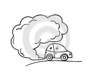 Cartoon car blowing exhaust fumes, Doodle smoke cloud coming from automobile, Environmental concept of pollution