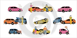 Cartoon car crash. Wrecked broken crashed vehicles on road, car accident with damage and driver injury. Vector isolated