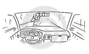 Cartoon of Car Dashboard and Driver`s Hands on Steering Wheel While Pedestrian Is Almost Run Down