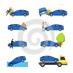 Cartoon Car Insurance Signs Icon Set. Vector