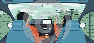 Cartoon car interior. Couple driving during vacation trip. View from behind driver and passenger. Happy family riding on