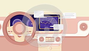 Cartoon car navigation cockpit infographic smart driving assistance vector flat illustration