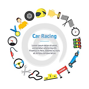 Cartoon Car Racing Banner Card Circle. Vector