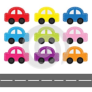 Cartoon car set with dash line and horizontal road. Baby kids style. White background. Isolated. Flat design.