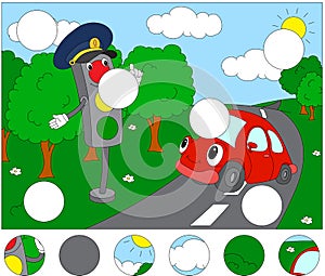 Cartoon car with traffic lights. Complete the puzzle and find th