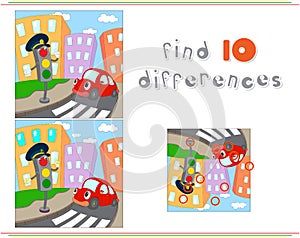 Cartoon car and traffic lights. Educational game for kids: find