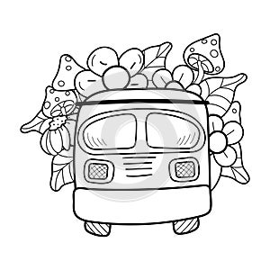 Cartoon car. Travel car with flowers, leaves and mushrooms. House on wheels. Travel, vacation. Coloring book. Handsomely