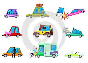 Cartoon car vector comic minicar and broken vehicle after auto accident or automobile crash and transport collision of