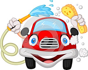 Cartoon car washing with water pipe and sponge