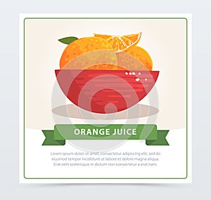 Cartoon card of juicy tropical oranges in red bowl. Healthy life and organic fruit concept. Hand drawn food vector