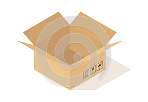 Cartoon cardboard open box with fragile sign. Opened beige square empty parcel angle view, packaging cargo storage