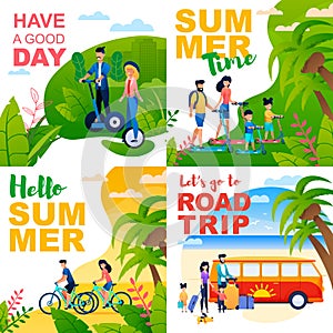 Cartoon Cards Set with Summer Motivate Quotes