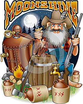 Cartoon caricature of hillbilly with shotgun, corn pipe and moonshine distillery
