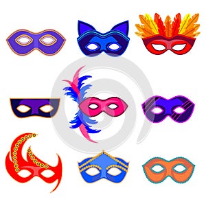 Cartoon Carnival Mask Color Icons Set. Vector