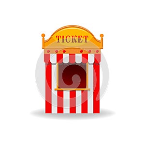 Cartoon carnival striped ticket booth kiosk isolated on white. Flat cinema, circus,