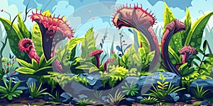 Cartoon carnivorous plants in the nature, wildlife concept