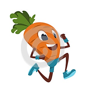 Cartoon carrot. Funny vegetable doing fitness exercises and jogging. Running mascot. Outdoor sport activities. Isolated