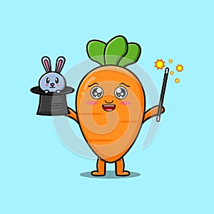 cartoon carrot magician with bunny out magic hat