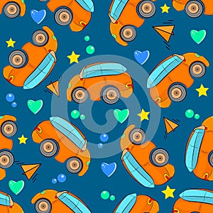 Cartoon cars seamless pattern on blue background.