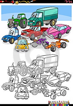 Cartoon cars and vehicles coloring book page